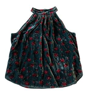 Loft Floral Velvet‎ Shirred Halter Top Green Pink Rose Size Small Petite